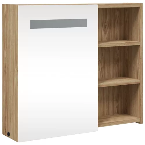 Tölgyszínű tükrös fürdőszobaszekrény LED-del 60 x 13 x 52cm