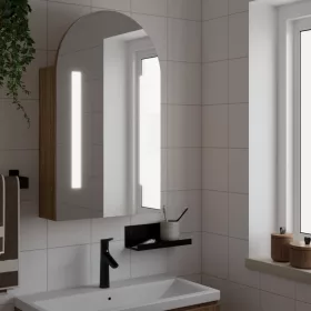   Tölgyszínű fürdőszobai ívelt tükörszekrény LED-del 42x13x70 cm