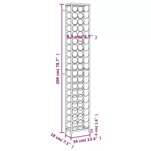 Fekete kovácsoltvas bortartó 57 palackhoz 34 x 18 x 200 cm