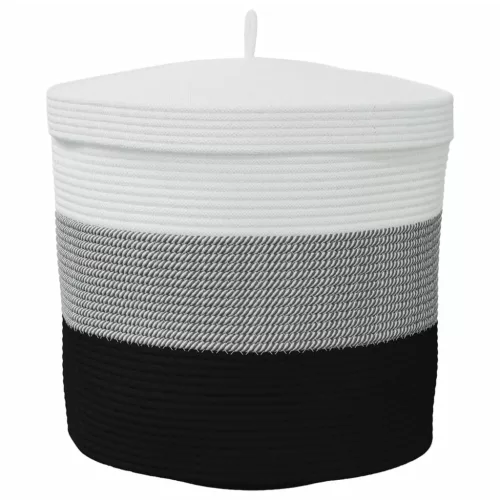 Fehér-fekete pamut tárolókosár fedéllel Ø40 x 35 cm