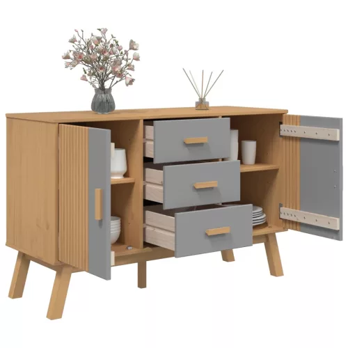 OLDEN szürke és barna tömör fenyő tálalószekrény 114x43x73,5cm