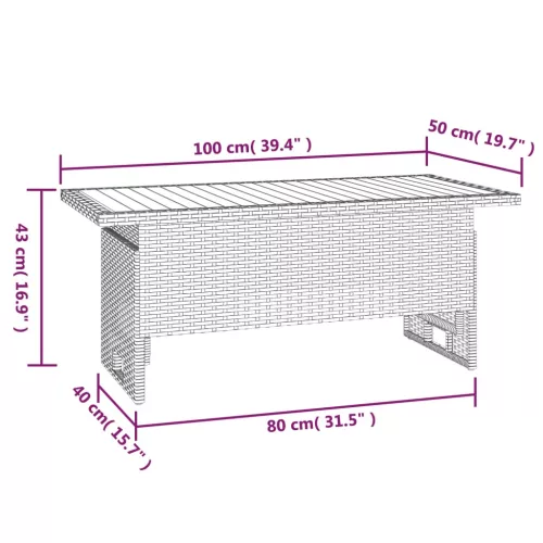 Fekete tömör akácfa és polirattan kerti asztal 100x50x43/63 cm