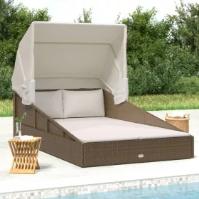   Barna polyrattan napozóágy összecsukható tetővel 200x114x128 cm