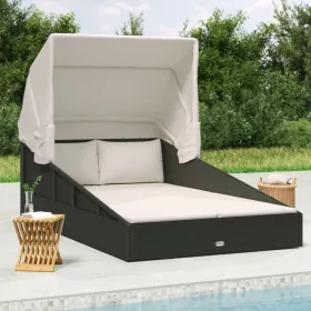   Fekete polyrattan napágy összecsukható tetővel 200x114x128 cm