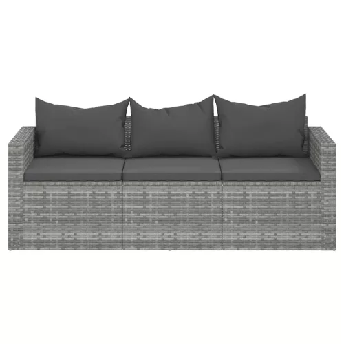 3 személyes szürke polyrattan kerti kanapé párnával