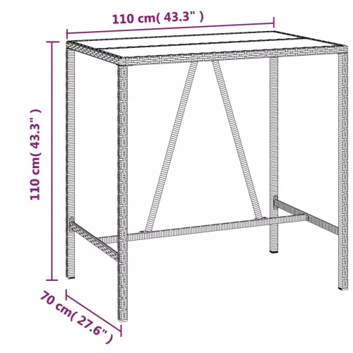 Barna polyrattan üveglapos bárasztal 110 x 70 x 110 cm