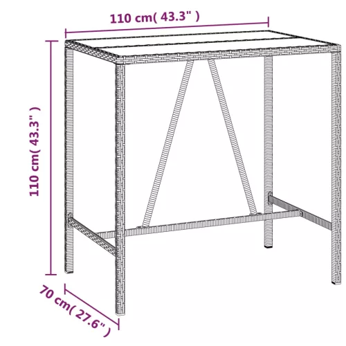 Szürke polyrattan üveglapos bárasztal 110 x 70 x 110 cm