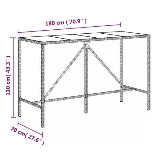 Barna polyrattan üveglapos bárasztal 180 x 70 x 110 cm