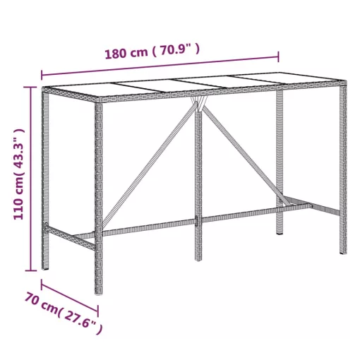 Fekete polyrattan üveglapos bárasztal 180 x 70 x 110 cm