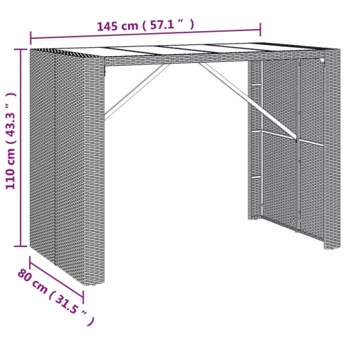 Fekete polyrattan üveglapos bárasztal 145 x 80 x 110 cm