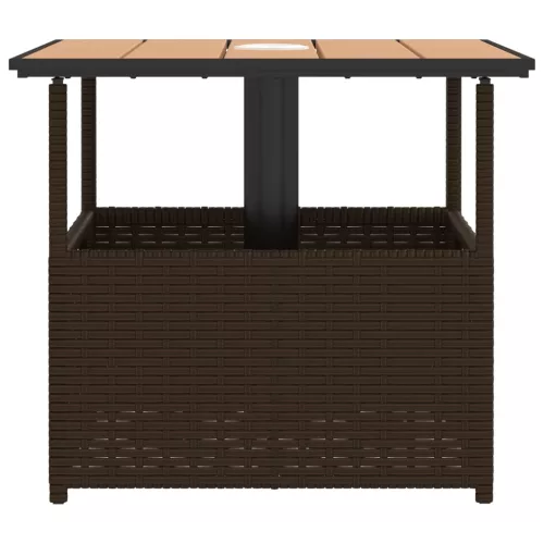 Barna polyrattan kerti asztal napernyőlyukkal 55x55x46,5 cm