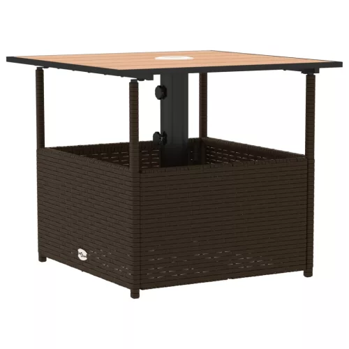 Barna polyrattan kerti asztal napernyőlyukkal 55x55x46,5 cm