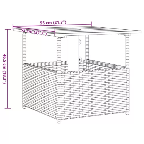 Barna polyrattan kerti asztal napernyőlyukkal 55x55x46,5 cm