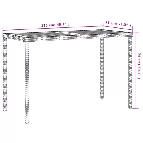 Szürke polyrattan akácfa lapos kerti asztal 115x54x74 cm