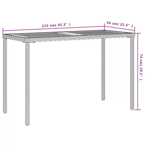 Fekete polyrattan akácfa lapos kerti asztal 115x54x74 cm