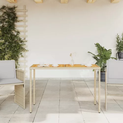 Bézs polyrattan akácfa lapos kerti asztal 115x54x74 cm