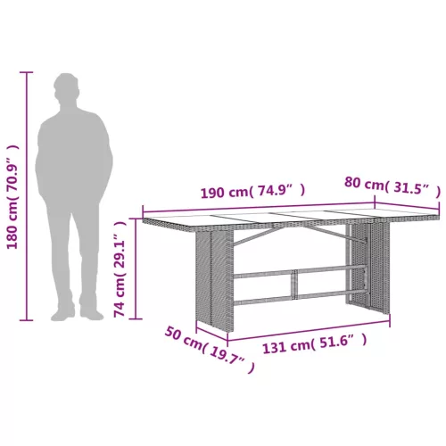 Szürke polyrattan üveglapos kerti asztal 190x80x74 cm