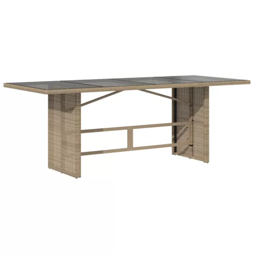 Bézs polyrattan üveglapos kerti asztal 190x80x74 cm