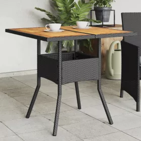   Fekete polyrattan kerti asztal akácfa lappal 80 x 80 x 75 cm