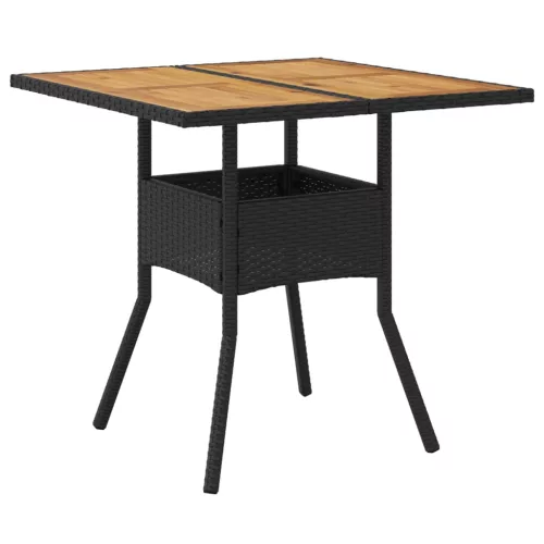 Fekete polyrattan kerti asztal akácfa lappal 80 x 80 x 75 cm