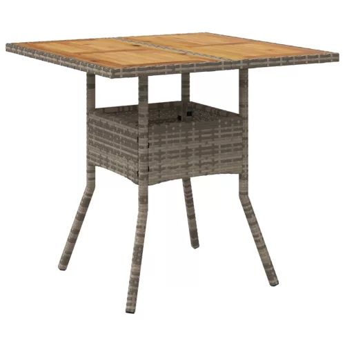 Szürke polyrattan kerti asztal akácfa lappal 80 x 80 x 75 cm