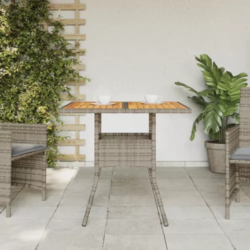 Szürke polyrattan kerti asztal akácfa lappal 80 x 80 x 75 cm