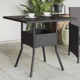 Fekete polyrattan üveglapos kerti asztal 80 x 80 x 75 cm