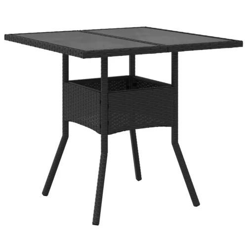 Fekete polyrattan üveglapos kerti asztal 80 x 80 x 75 cm