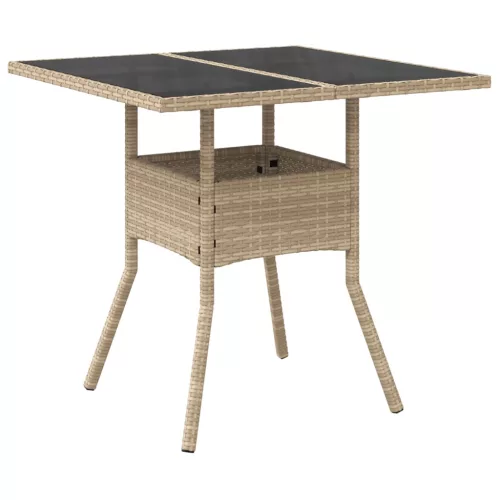 Bézs polyrattan üveglapos kerti asztal 80 x 80 x 75 cm