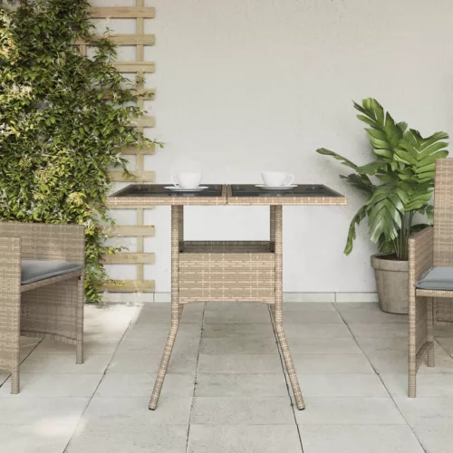 Bézs polyrattan üveglapos kerti asztal 80 x 80 x 75 cm