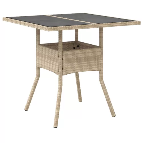 Bézs polyrattan üveglapos kerti asztal 80 x 80 x 75 cm