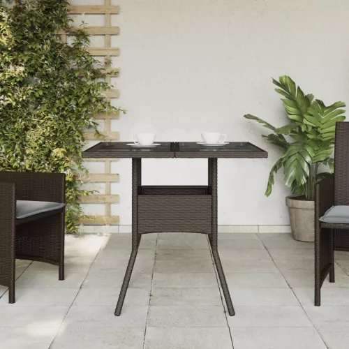 Barna polyrattan üveglapos kerti asztal 80 x 80 x 75 cm