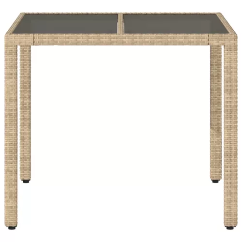 Bézs polyrattan üveglapos kerti asztal 90 x 90 x 75 cm