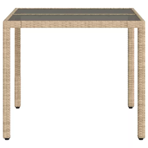 Bézs polyrattan üveglapos kerti asztal 90 x 90 x 75 cm