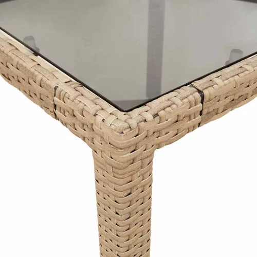 Bézs polyrattan üveglapos kerti asztal 90 x 90 x 75 cm