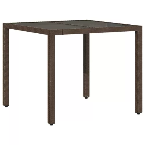 Barna polyrattan üveglapos kerti asztal 90 x 90 x 75 cm