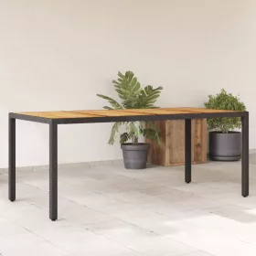   Fekete polyrattan kerti asztal akácfa lappal 190 x 90 x 75 cm