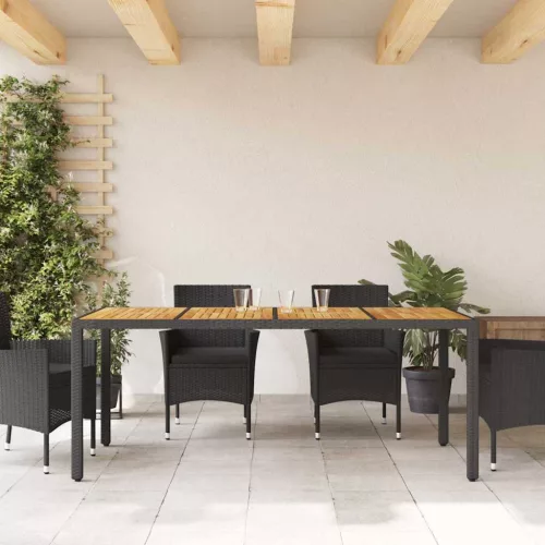 Fekete polyrattan kerti asztal akácfa lappal 190 x 90 x 75 cm
