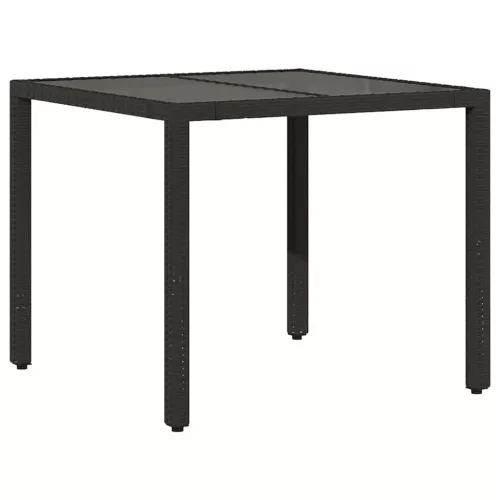 Fekete polyrattan üveglapos kerti asztal 90 x 90 x 75 cm