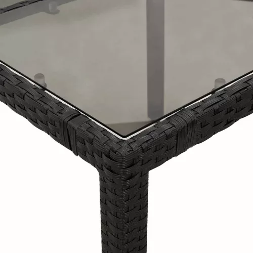 Fekete polyrattan üveglapos kerti asztal 90 x 90 x 75 cm