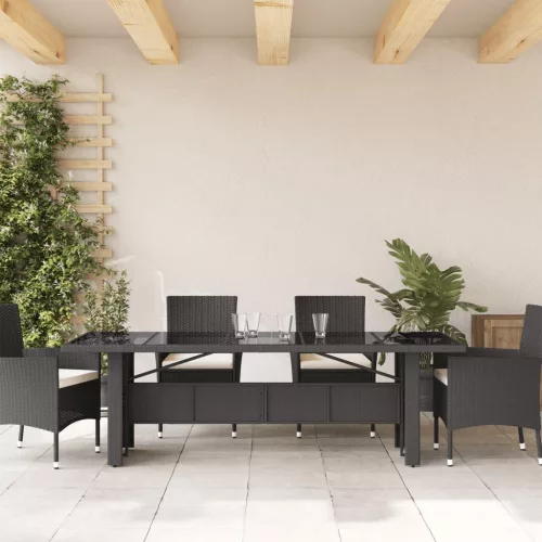 Fekete polyrattan üveglapos kerti asztal 240 x 90 x 75 cm