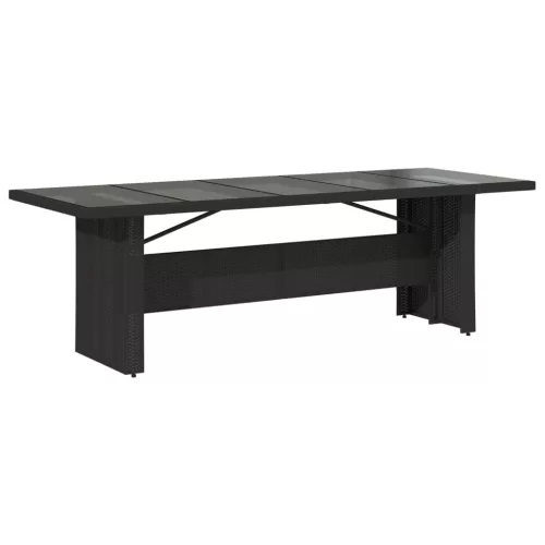 Fekete polyrattan üveglapos kerti asztal 240 x 90 x 75 cm