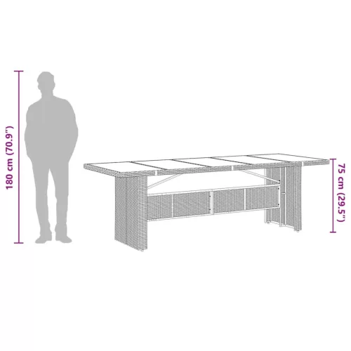 Fekete polyrattan üveglapos kerti asztal 240 x 90 x 75 cm