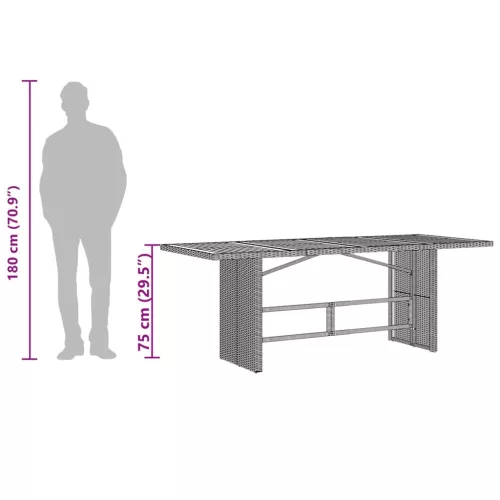 Fekete polyrattan üveglapos kerti asztal 190 x 80 x 75 cm