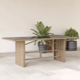 Bézs polyrattan üveglapos kerti asztal 190 x 80 x 75 cm