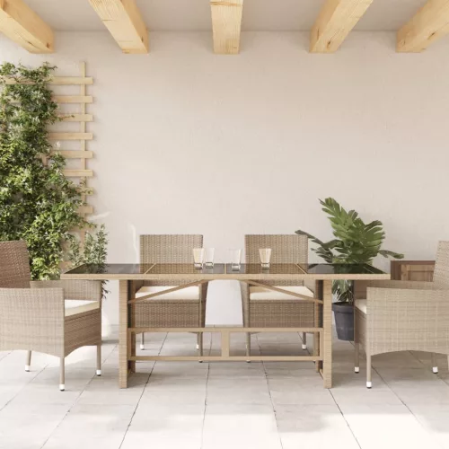 Bézs polyrattan üveglapos kerti asztal 190 x 80 x 75 cm