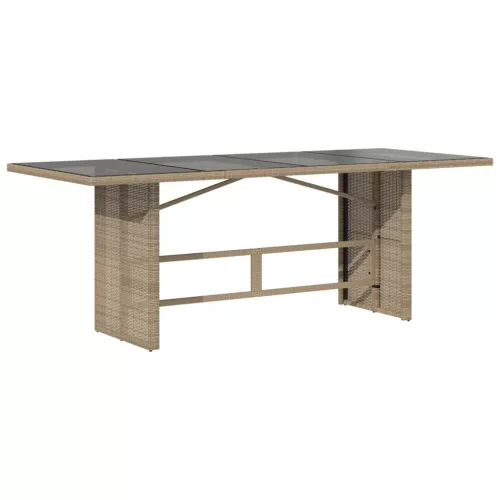 Bézs polyrattan üveglapos kerti asztal 190 x 80 x 75 cm