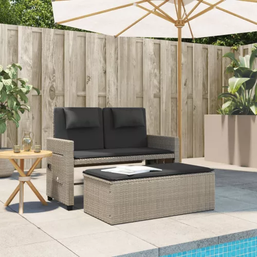 Világosszürke polyrattan dönthető kerti pad párnával