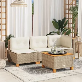 Bézs polyrattan és akácfa kerti asztal 55 x 55 x 36 cm
