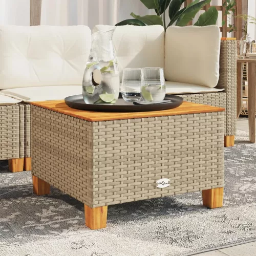 Bézs polyrattan és akácfa kerti asztal 55 x 55 x 36 cm
